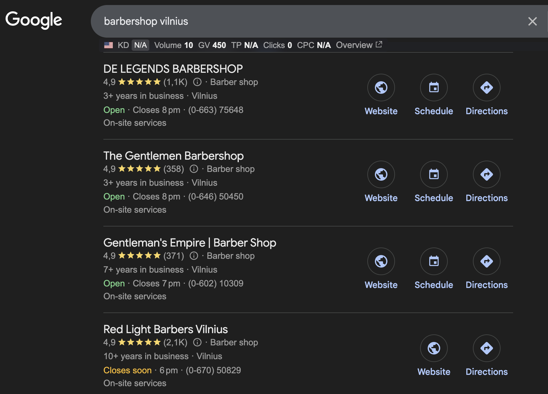 Google paieškos rezultatai užklausai „barbershop vilnius“ – konkurentai turi tūkstančius atsiliepimų