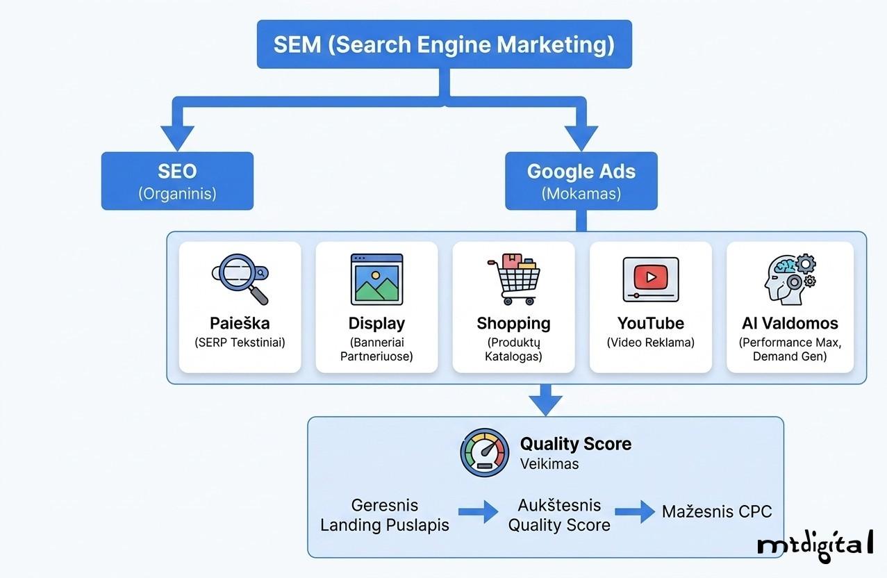 Google Ads kampanijų tipai ir SEM struktūra – paieškos, display, shopping, YouTube, Performance Max