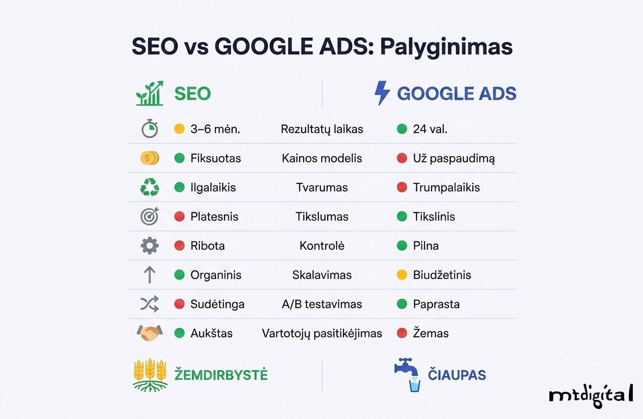 SEO ir Google Ads palyginimas pagal greitį, kainą, tvarumą ir ROI – lentelė 2026 m.