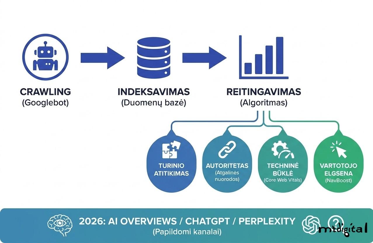 Kaip veikia Google paieška – crawling, indeksavimas ir reitingavimas su keturiais signalų grupių paaiškinimais 2026 metais