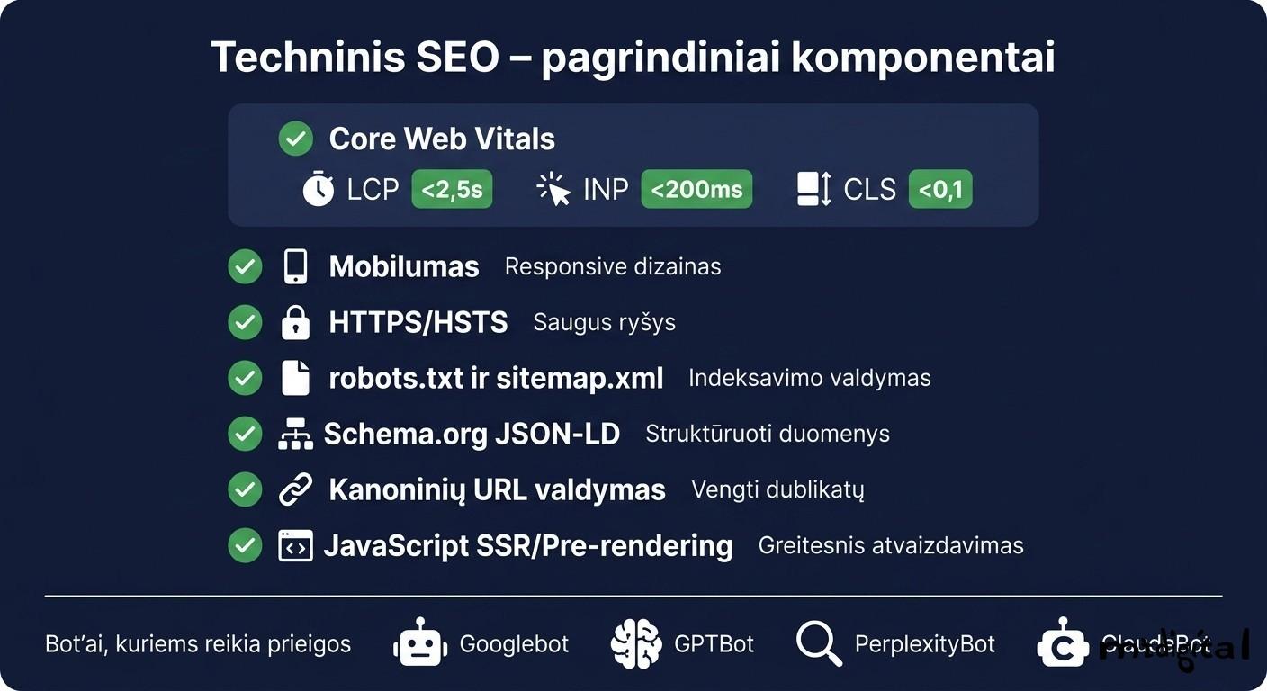 Techninis SEO komponentų sąrašas – Core Web Vitals reikalavimai, robots.txt, sitemap, schema žymėjimas ir AI botų prieiga