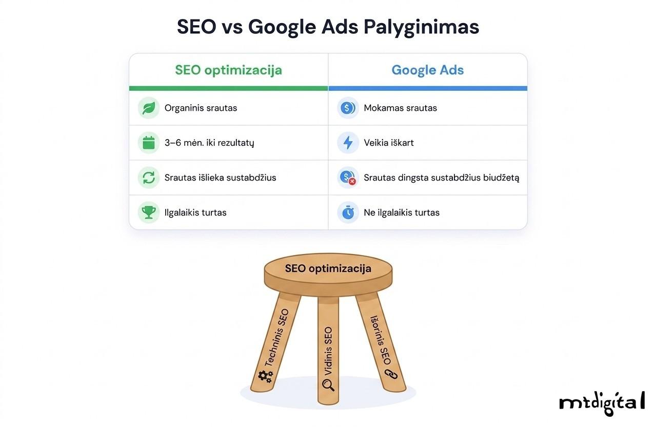 SEO optimizacija vs Google Ads palyginimas ir trys SEO lygiai – techninis, vidinis ir išorinis SEO kaip trijų kojų stalas