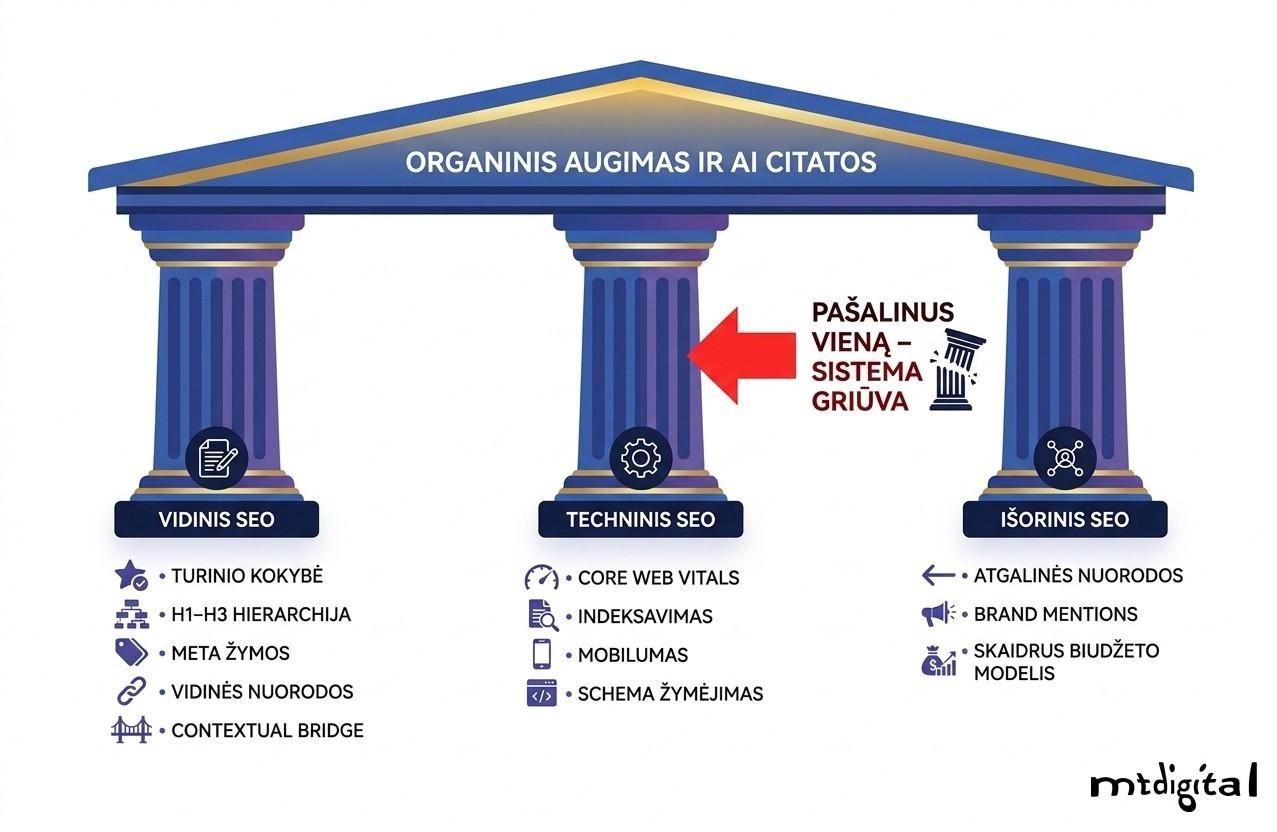 Trys SEO ramsčiai 2026 metais – vidinis, techninis ir išorinis SEO kaip viena sistema su pagrindiniais elementais