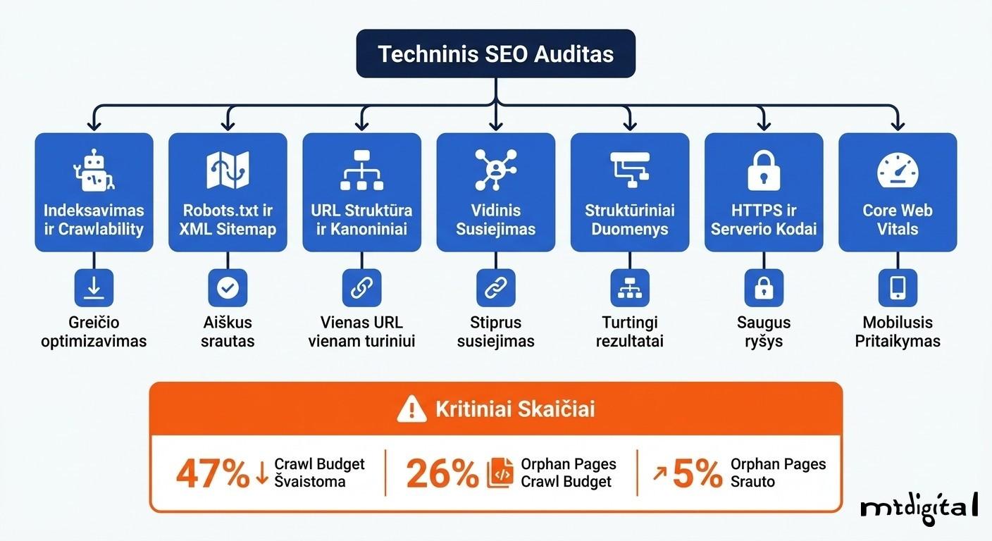 Techninio SEO audito komponentai: 7 pagrindiniai sluoksniai nuo indeksavimo iki Core Web Vitals su crawl budget statistika